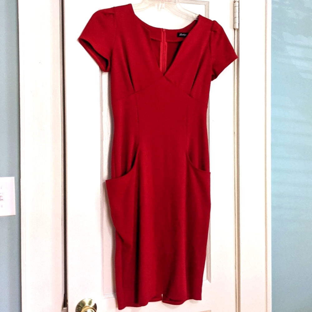 Setin Styl red pencil pinup wiggle retro button pockets dress M